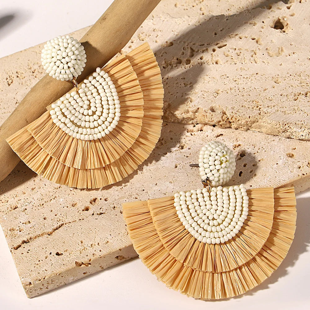 AENSOA Handmade Seed Beaded Raffia Fan Drop Earrings for Women Bohemian Rattan Knit Large Earrings Summer Holiday Jewelry Gifts
