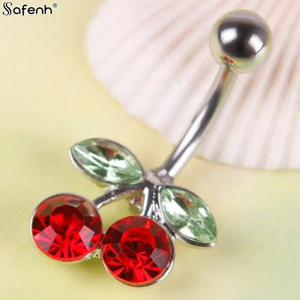 2Syles New Stainless Steel Rhinestone Red Cherry Navel Barbell Belly Button Ring Body Piercing