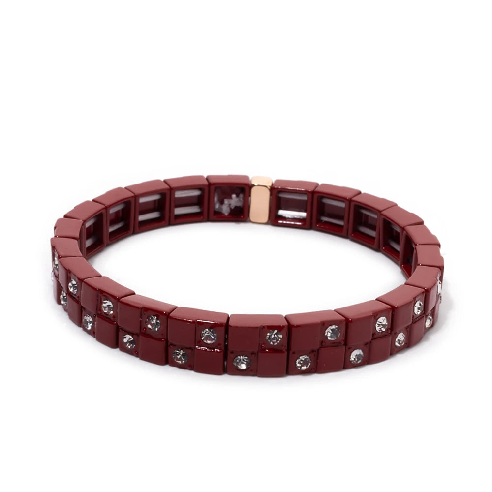 8x8mm Double Zirconia Charms Elastic Beaded Pure Color Bangle For Women