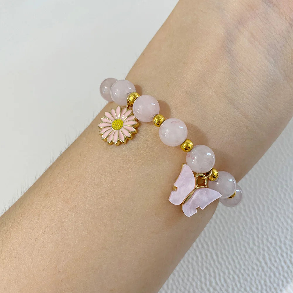 Natural Stone Blue Amazonite Beaded Bracelet Resin Butterfly Daisy Charm Bracelets For Women Rose Quartzs Jades Bangles Jewelry
