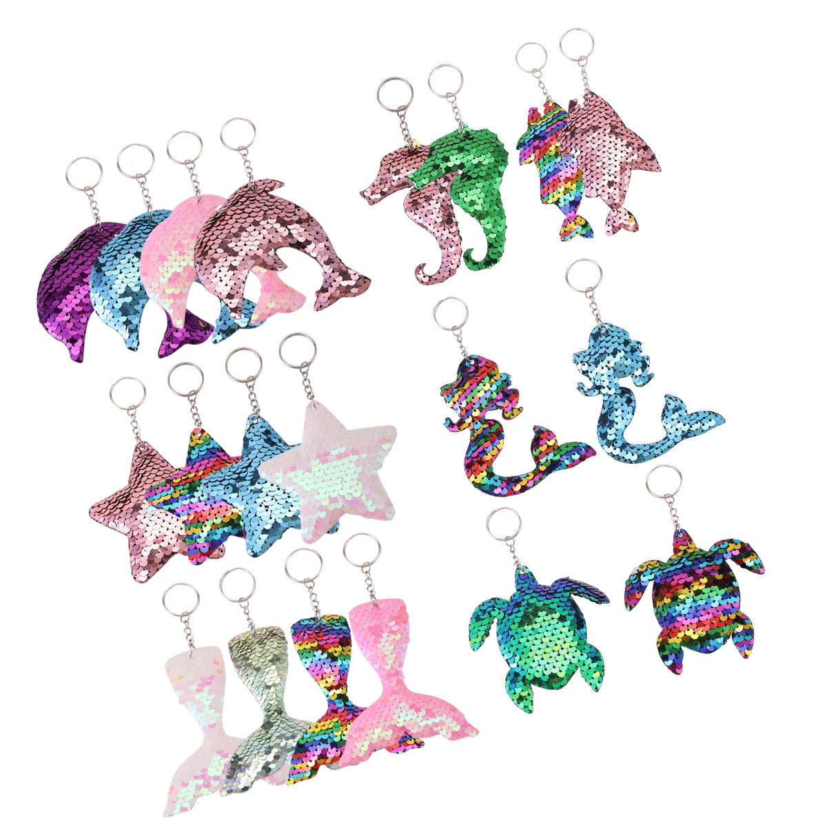 Hemasa 20Pcs Mermaid Sequin Keychains, Sparkling Flip Sequin Ocean-Themed Key Rings, Starfish Turtle Fish Tail Animal Shapes