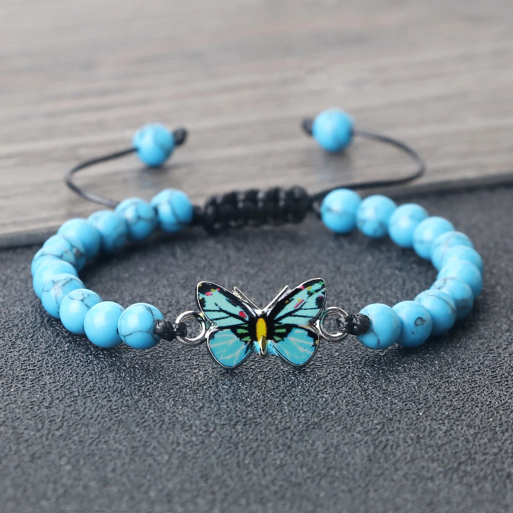 6mm Natural Stone Fashion Bracelet for Women Blue Butterfly Pendant Charm Bangles Agates Tiger Eye Lava Beads Bracelets Jewelry