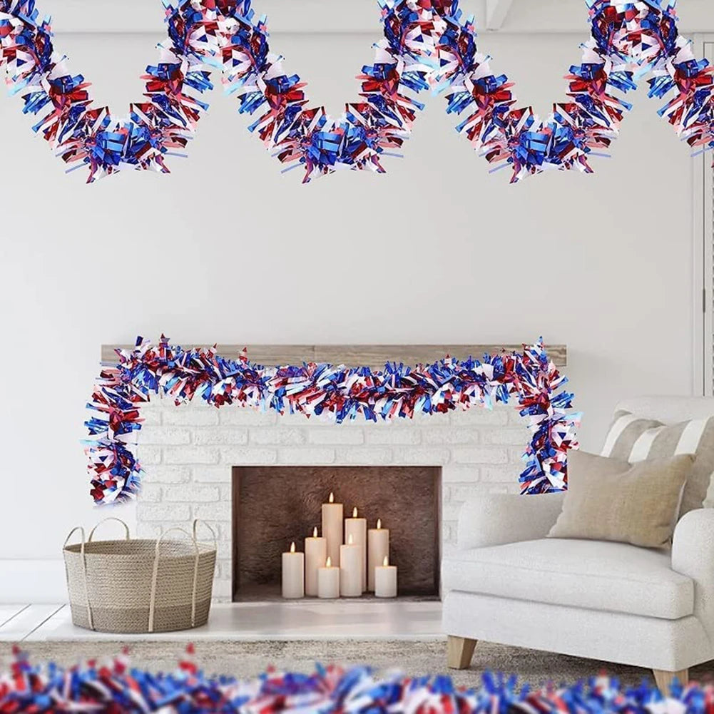 Red White Blue Tinsel Garlands Wreath Flag Sequin Tinsel Garland Banner Home Wall Hanging 4th Of July Party Decoration