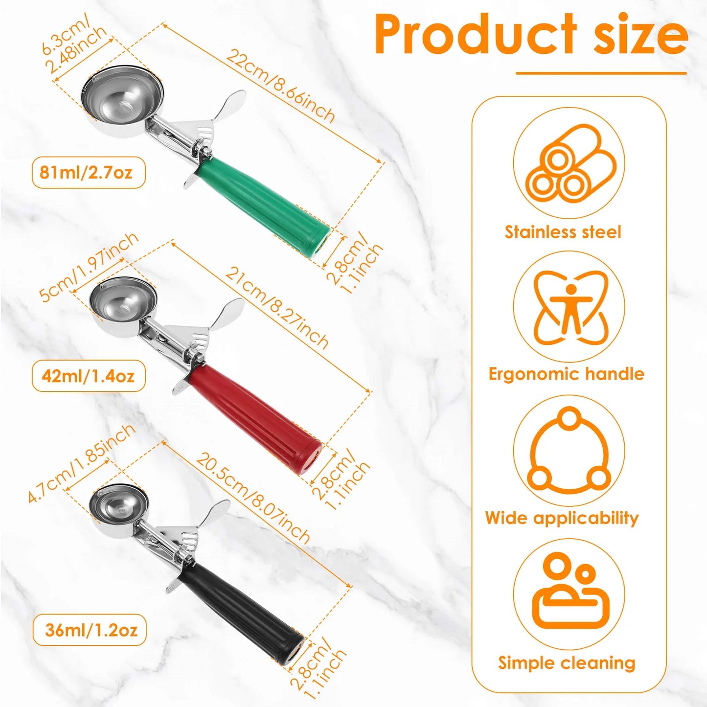 Tejesa 3/2Pcs Ice Cream Scoop Stainless Steel Multifunctional Round Ball Spoon Melon Ball Cookie Dough Scoop Cook Portion Control Scoop