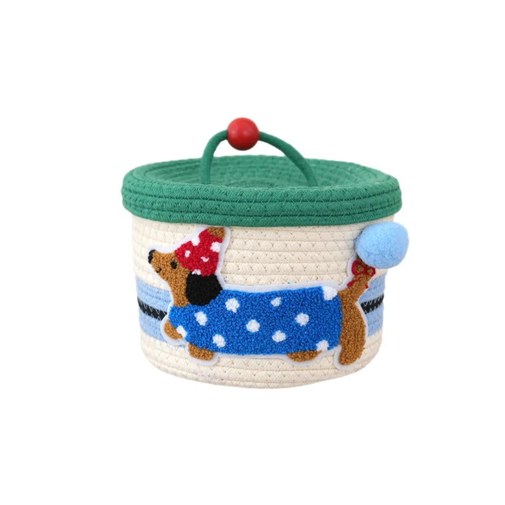 Cartoon Cotton Rope Storage Basket Round with Cover Snack Organizer Box Dachshund Pattern Decorative Hand Woven Basket