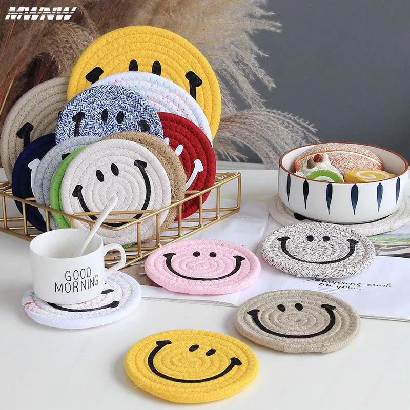 Hemasa Smiling Face Round Mat Woven Placemats Anti Slip Dining Table /Cup Coasters(Set of 6)