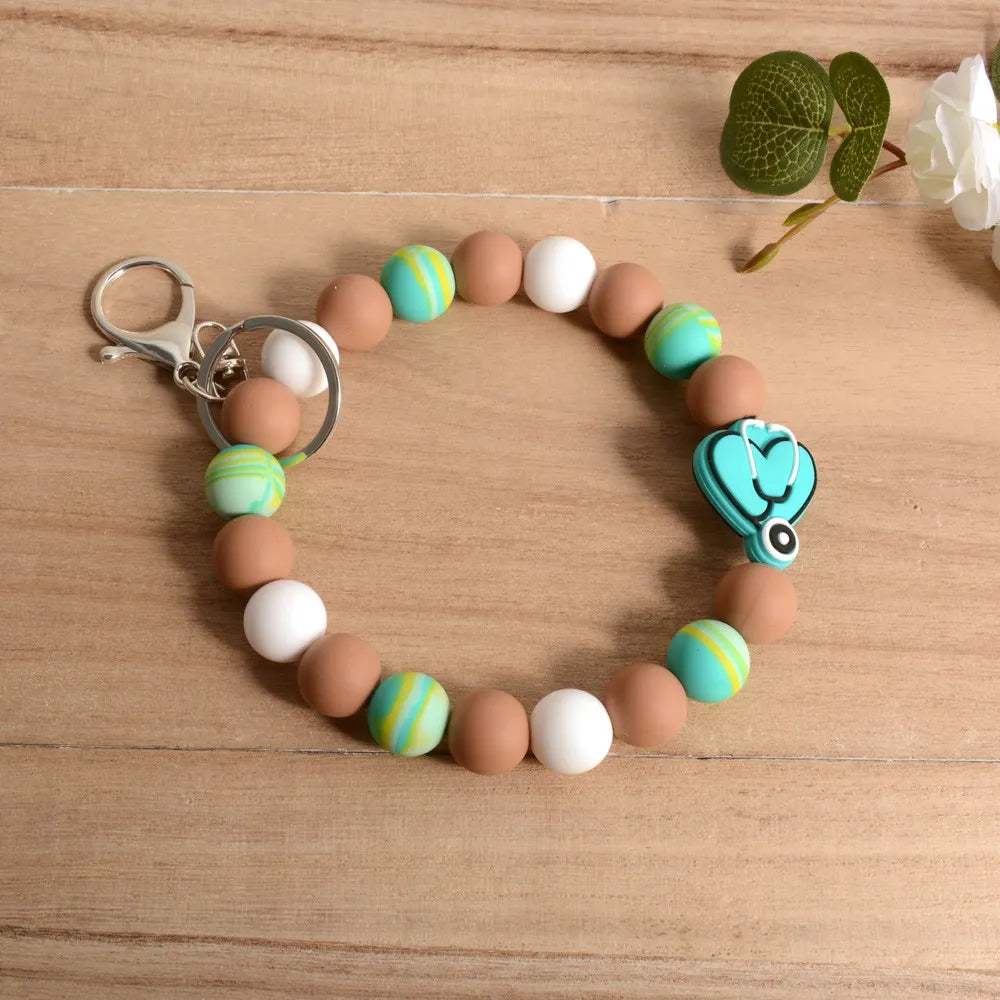 Personalized Bangle Silicone Bead stethoscope Stretch Wristlet bracelet Keychain with Keyring Gift for Teacher Mom Nurse Gift