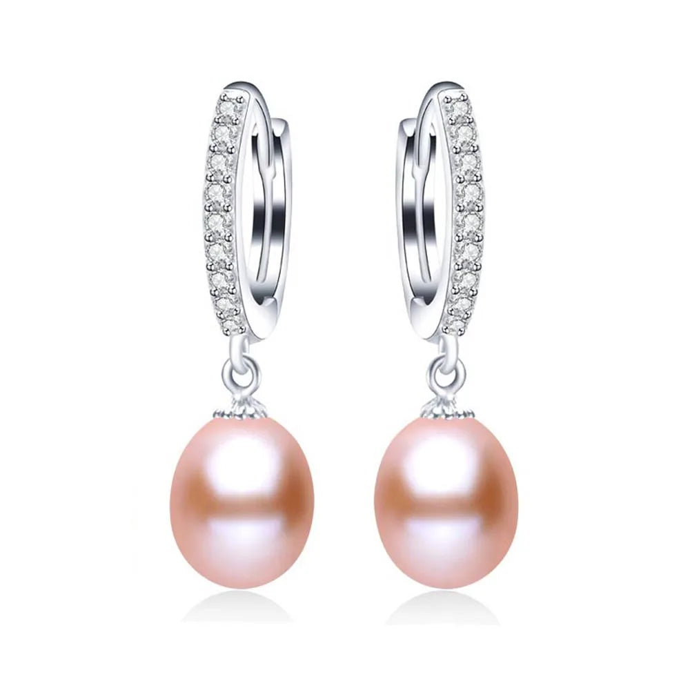 Simple 925 Silver 8-9mm Pearl Earring for Women Real Natural Freshwater Pearl Rice Round Hoop Earrings Fashion Jewelry Gifts