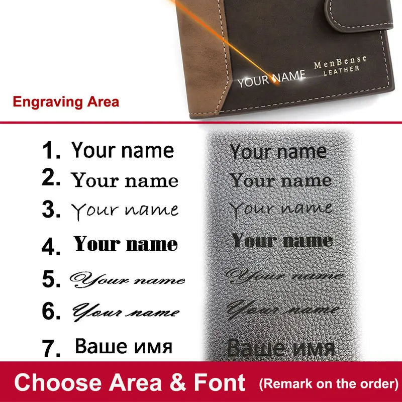 New Short Men Wallets Slim Card Holder PU Leather Name Print Male Wallet Small Photo Holder Tri-fold Bag Frosted Men's Purses