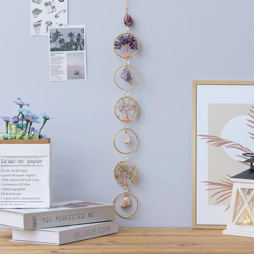 Hemasa Life Tree Crystal Wall Hanging Decor 6 Rings Chakra Stone Wall Decor Nordic Hanging Decoration Boho Room Decors Aesthetic Gift