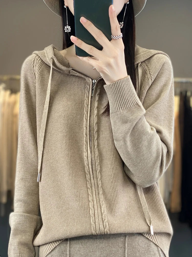 Hemasa Spring/Summer Hooded Cardigan Women's Knitted Top Loose Sweater Casual Color Double Zipper Cardigan Top