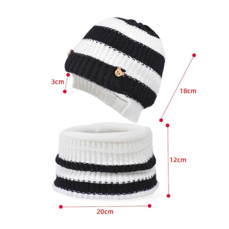 2Pcs Winter Children Hat Scarf Set Simple Striped Knitted Beanie Outdoor Skiing Kids Hat Boy Girl Ear Protection Pullover Bonnet
