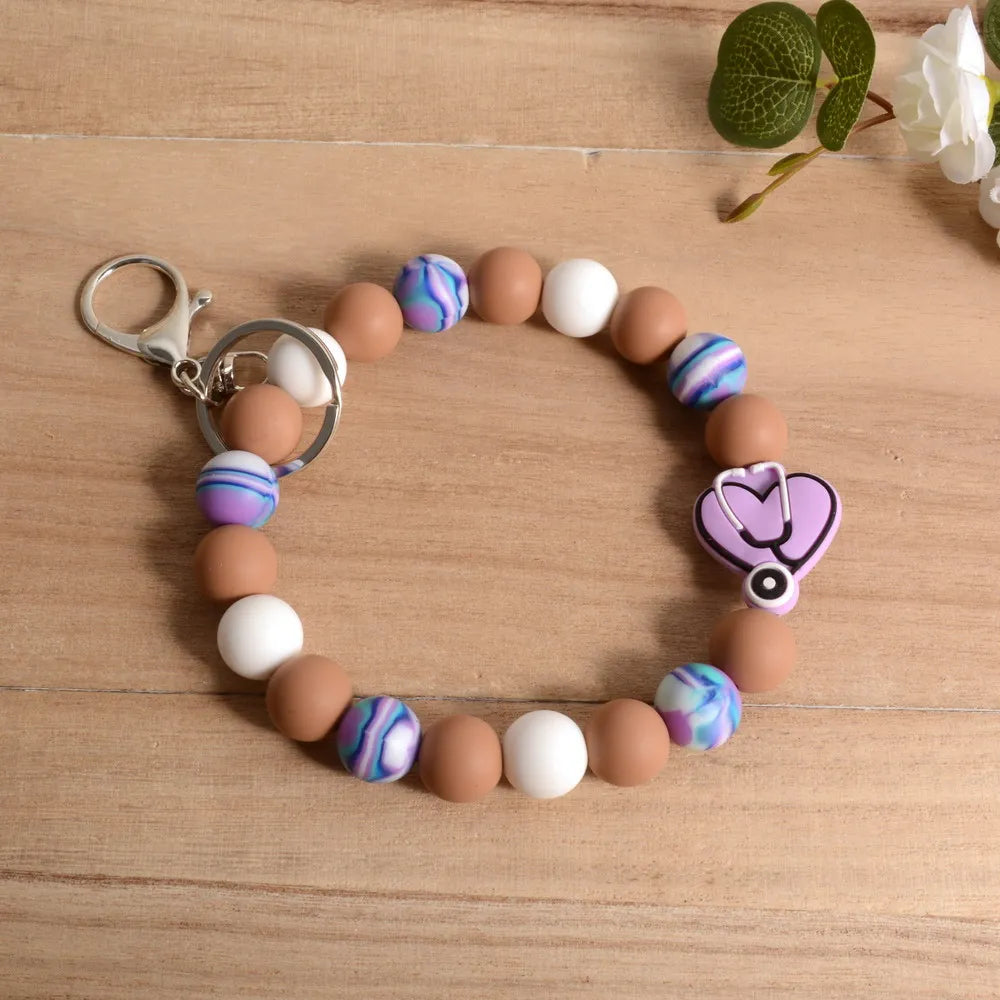 Personalized Bangle Silicone Bead stethoscope Stretch Wristlet bracelet Keychain with Keyring Gift for Teacher Mom Nurse Gift