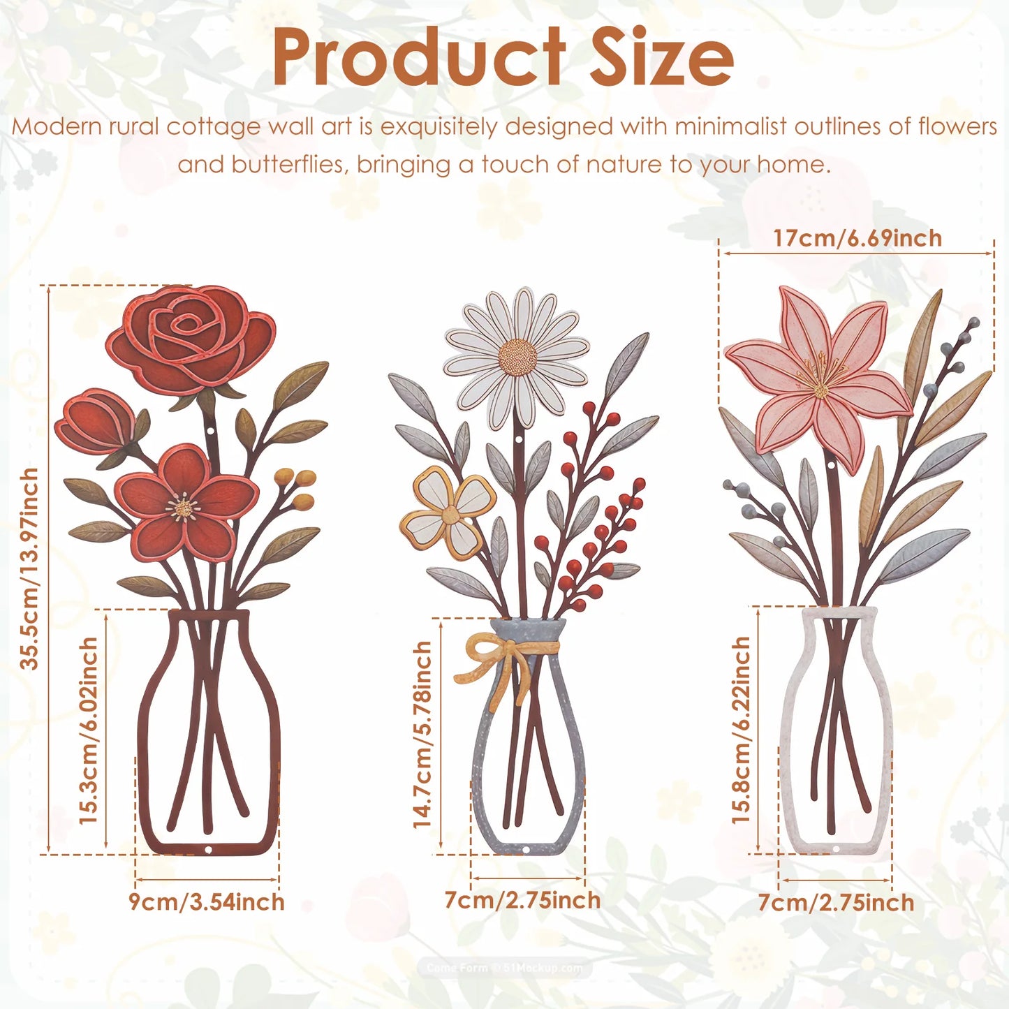 3Pcs Flower Silhouette Painting Wall Decal Decor Metal Flowers Wall Arts Minimalist Rustic Farmhouse Decor Bathroom Wall Decor