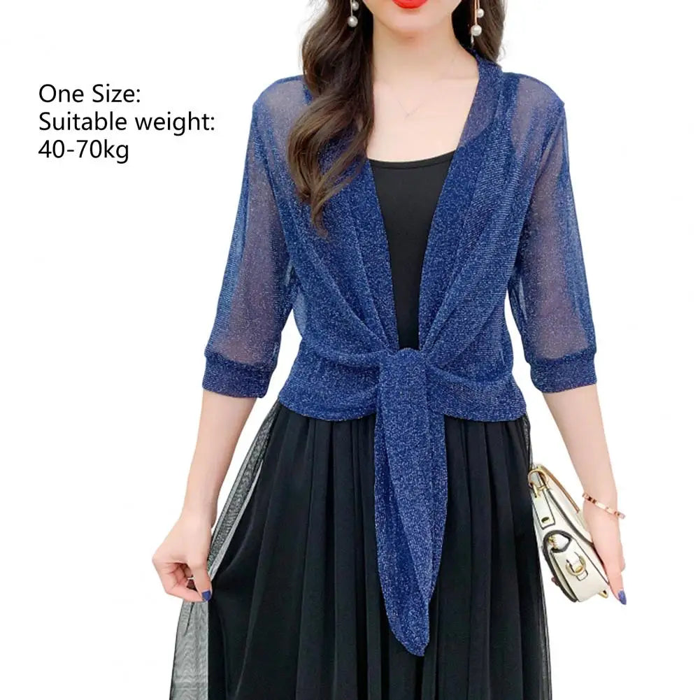 Hemasa Women Summer Cardigan V-neck Solid Color Thin Blouse Half Sleeves Sunscreen Lace Up Top Anti-shrink Short Jacket Female Clothes