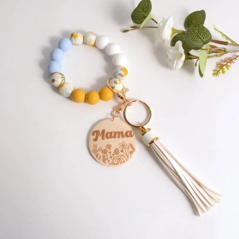 Hemasa Silicone Beads Mama Wood Disc Wristlet Keychain for Mother Day