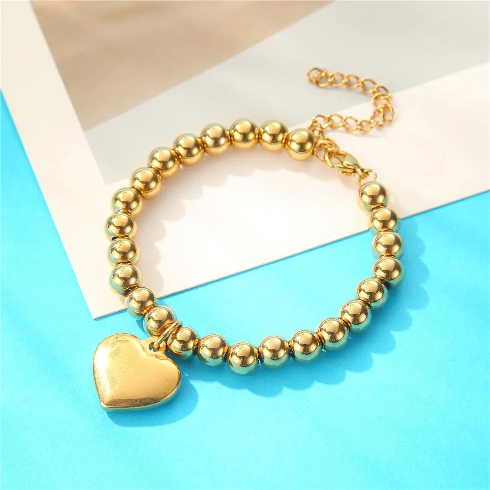 New Original Solid 316L Stainless Steel Beads Chain Bracelet Heart Pendant for Men Women IP Gold Plated Metal Jewelry Gift