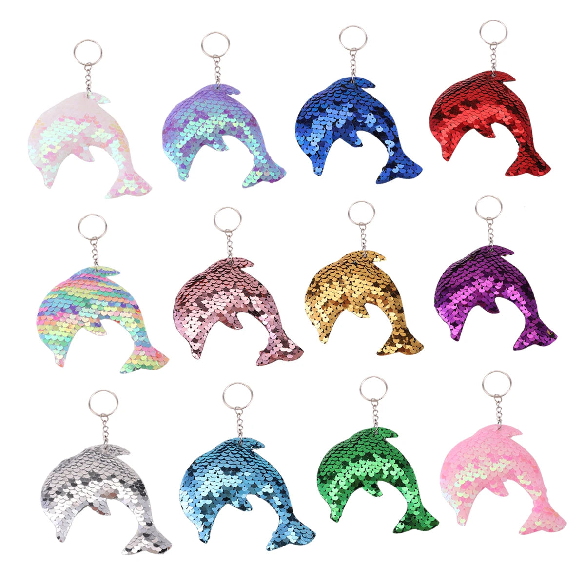Hemasa 12pcs Flip Sequin Dolphin Keychains, Sparkling Key Rings For Boys & Girls, Decoration Wallet Bag Backpack Charms Party Favors