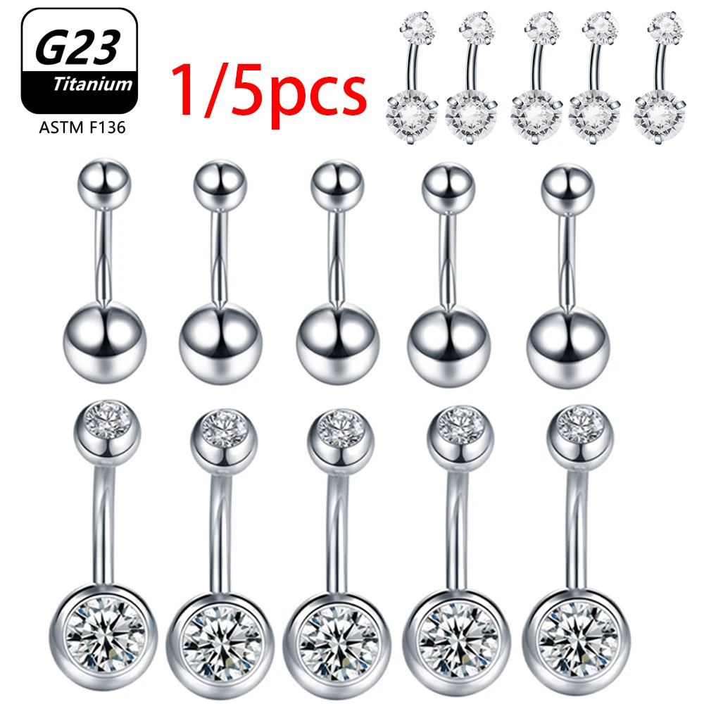 1/5pcs ASTM F136 G23 Titanium 14G Belly Button Ring Navel Nombril Piercing CZ Sexy Women Body Jewelry Ombligo Wholesale