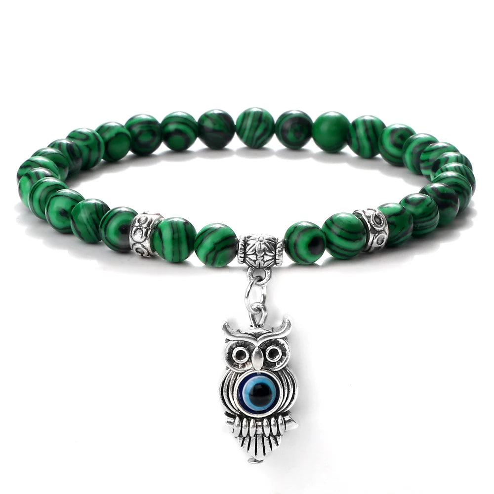 6 8mm Chakra Beads Men Bracelets Charm Owl Evil Eye Pendant Classic Tiger Eye Stone Agate Quartz Malachite Women Yoga Jewelry