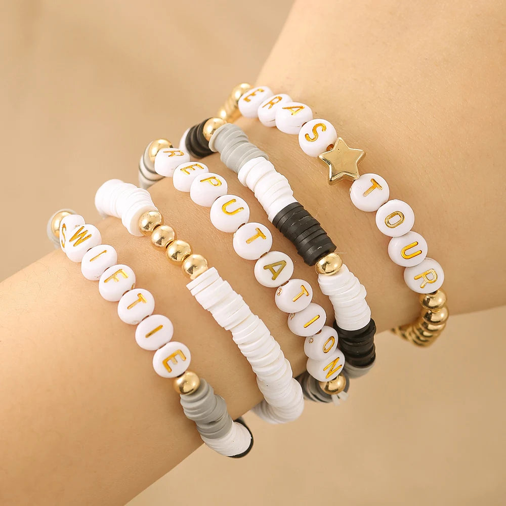 Nich Design Simple Fashion Bohemian Polymer Clay Letter Adjustable Stretch Bracelet Sets for Women Jewelry Star Lover Bracelet