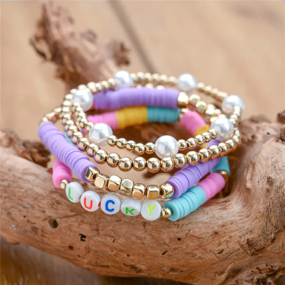 4Pcs/set Trendy Lucky Letter Charm Pearl Bracelets Set Femme Wristband Jewelry Heishi Disc Beads Multilayer Bracelet For Women