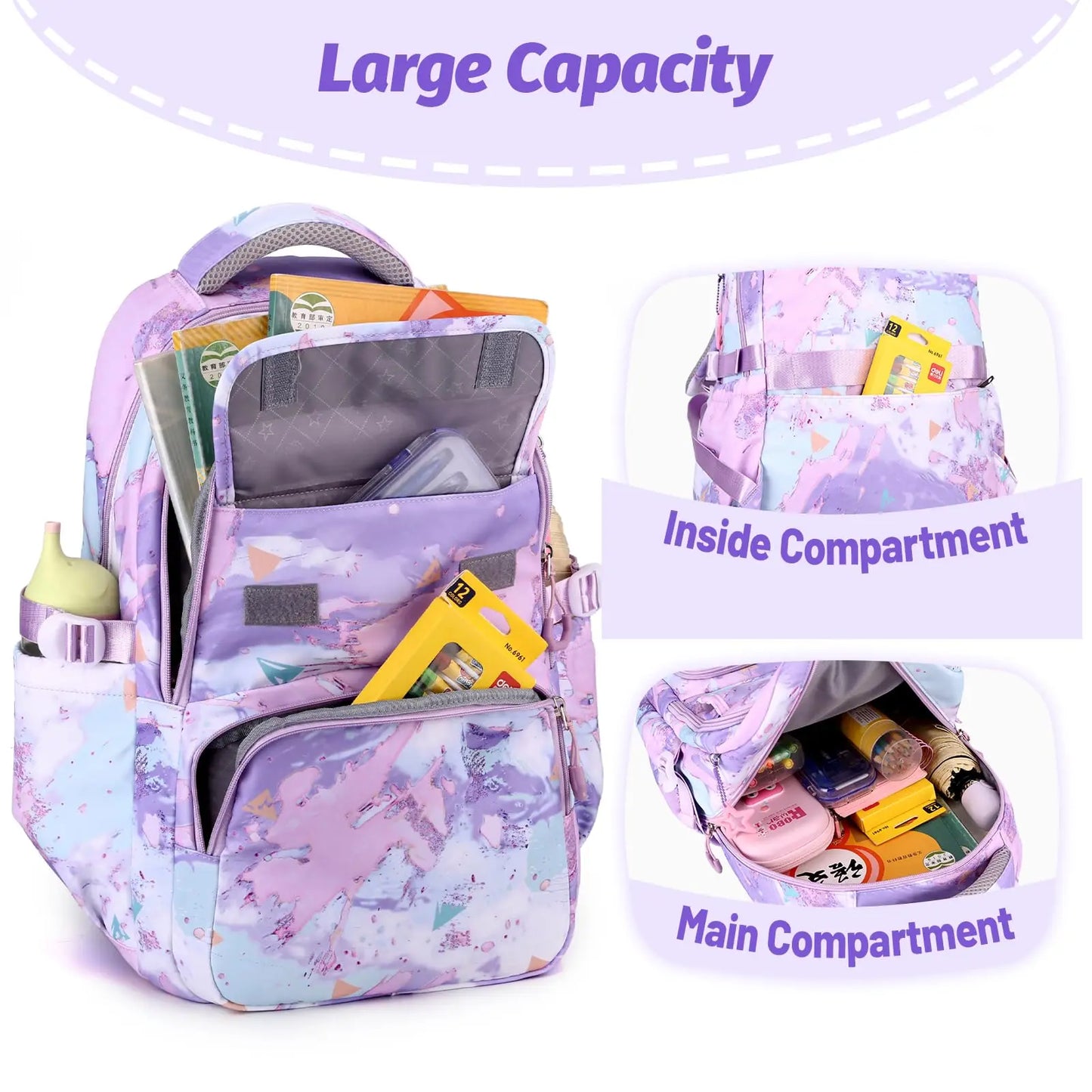 School Backpack for Girls Teens Kids Elementary School 3 Pieces Lightweight Backpack with Lunch Bag and Pencil Case