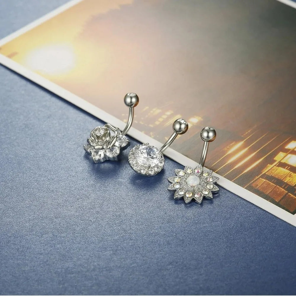 IRONBOX 1Pc 14G Stainless Steel Belly Button Rings Barbell Navel Ring Bar for Women and Men with CZ Flower Body Piercing Jewelry