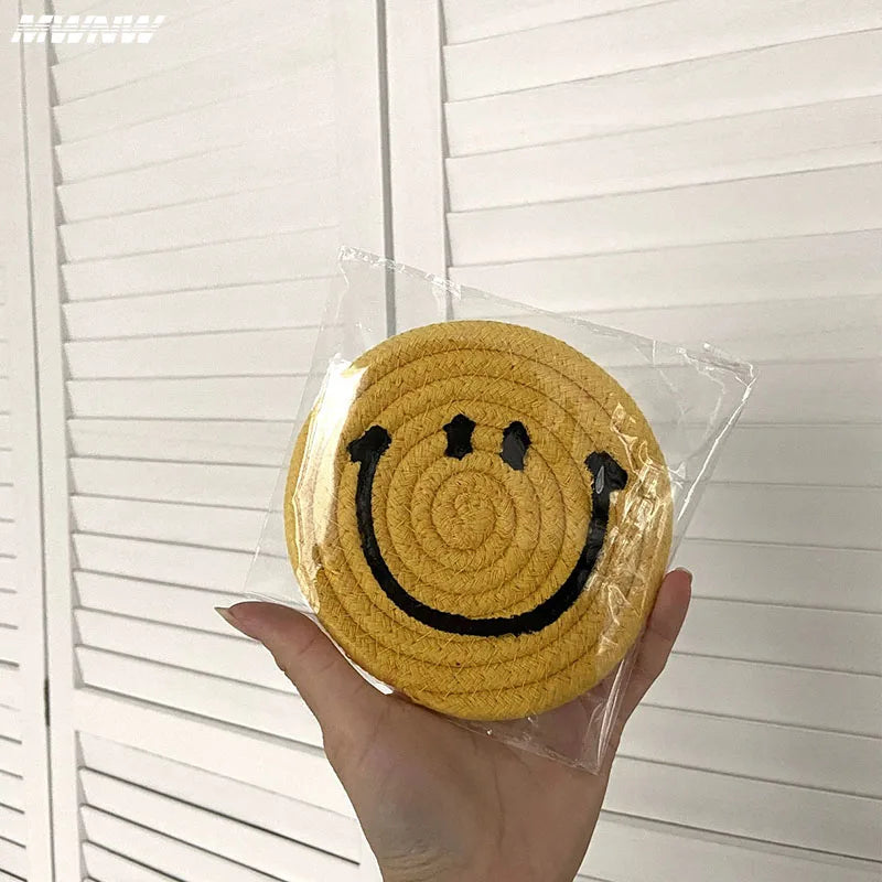 Hemasa Smiling Face Round Mat Woven Placemats Anti Slip Dining Table /Cup Coasters(Set of 6)