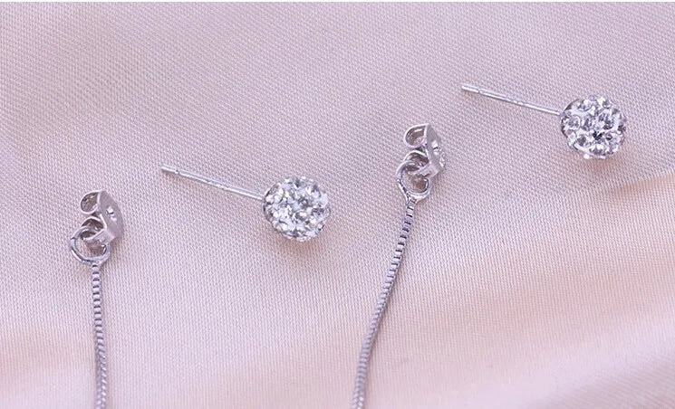 High Quality 925 Sterling Silver Rhinestone Earrings Double Crystal Ball Long Tassel Stud Earrings Brincos De Prata For Women