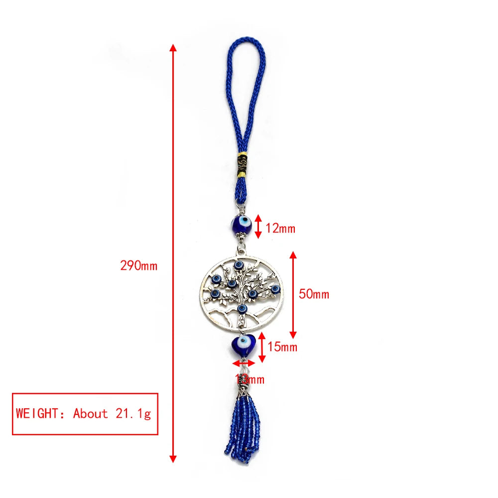 Lucky Eye Alloy Tree of Life Pendant Wall Hanging Tassel Heart Turkish Evil Eye Bead Keychain Car Keyring for Women Men Jewelry