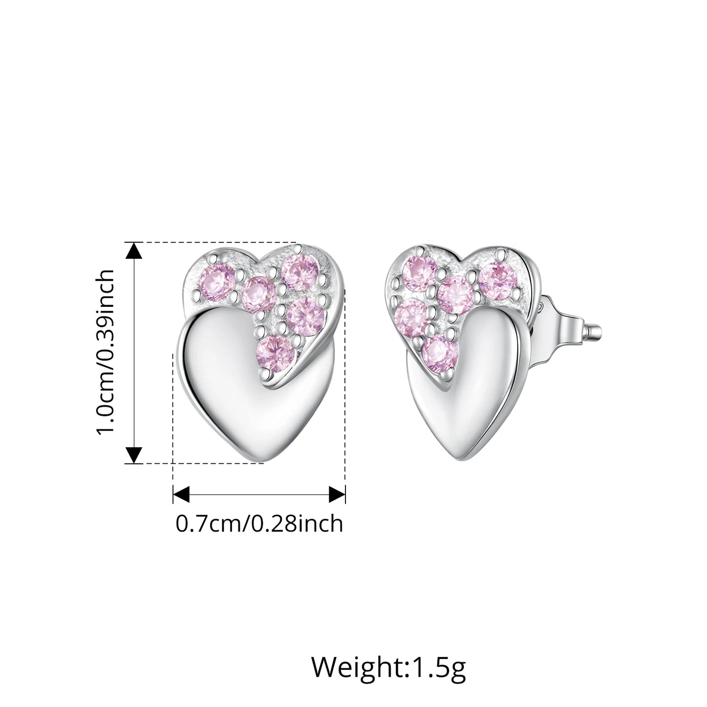 Tejesa 925 Sterling Silver Double Heart Stud Earrings Pink Zircons Earrings Hypoallergenic for Women Teens Valentine's Gift