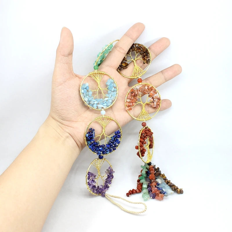 Natural Stone 7 Chakra Life Of Tree Colorful Irregular Crystal Quartz Car Hanging Decoration Charm Healing Amulet Fengshui