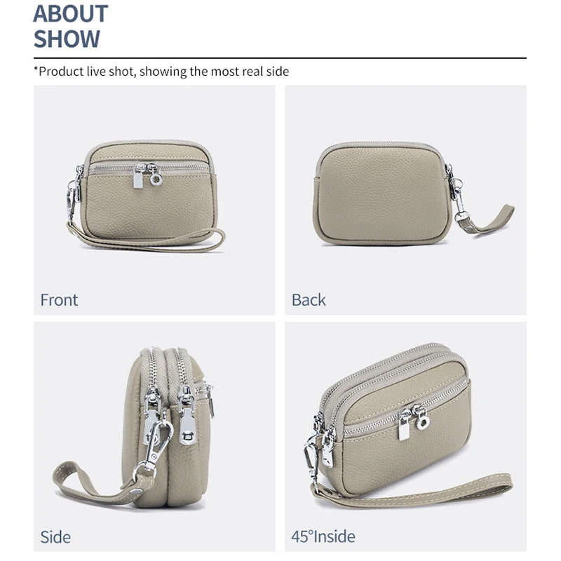 Large Capacity Women's Wallets Genuine Leather Short Coin Purse Leather Zipper Multi-function Mini Clutch Bag with Wrist Strap