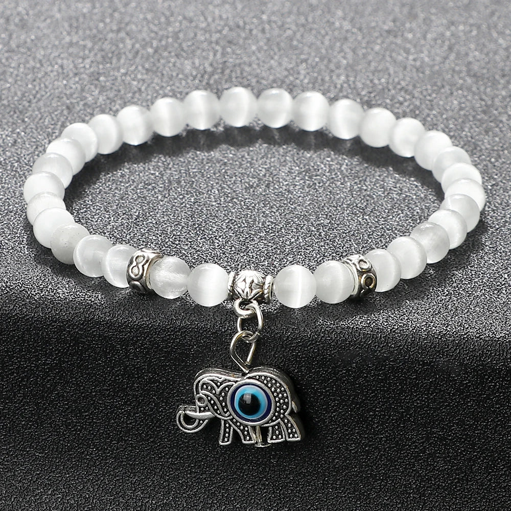 6 8mm Natural Cat Eye Stone Bracelet White Opal Beads Butterfly Hand Of Fatima Women Bracelets & Bangles Lucky Evil Eye Jewelry