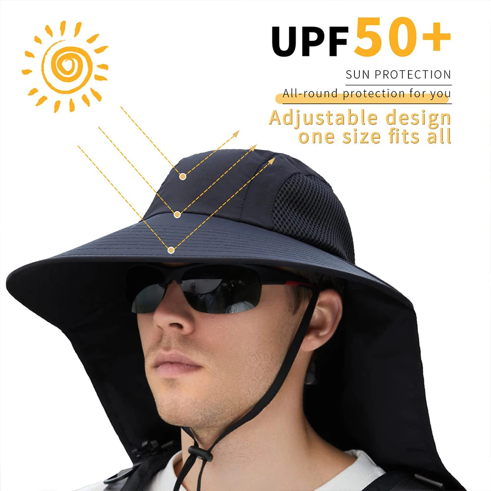 Tejesa Black Sun Hat for Men Women with Neck Flap UPF 50+ UV Protective Hiking Fishing Hats Wide Brim Sun Hat for Women&Men