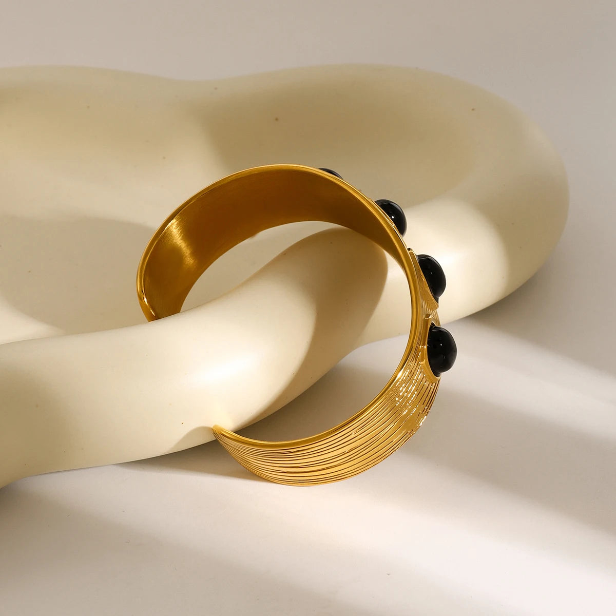 Jewelryposter Wide Stripe Four Black Onyx Stones Inlaid Opening Bangle Bracelet Stylish Stainless Steel Rust Proof Metal Jewelry