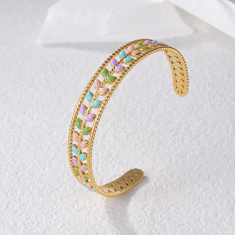 Stainless Steel Leaf Drip Oil Cuff Bangles For Women Girl Wrist Jewelry Gold Color Squares Adjustable Bangles Mom Gifts