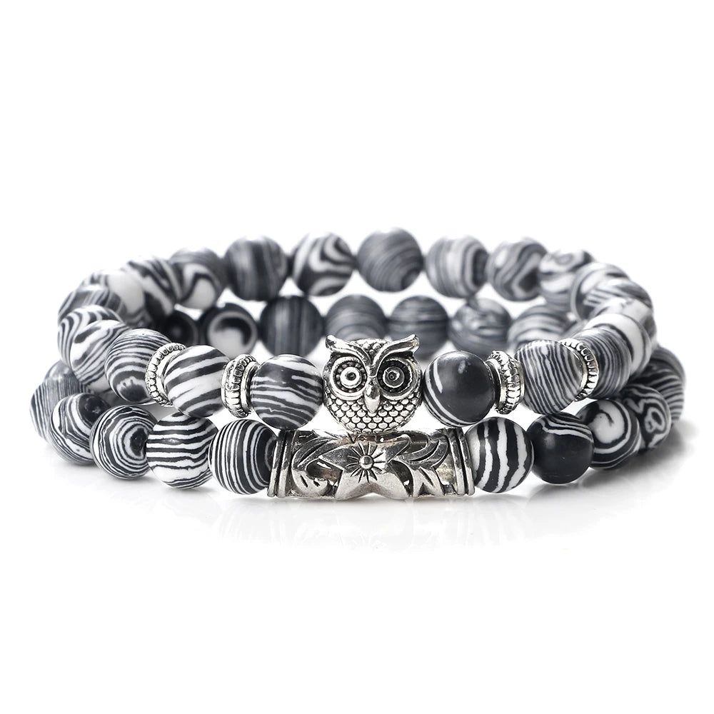 Heamsa Natural Stone Beads Bracelet / Owl Beaded Black Lava Onyx Beads Charm Bracelets