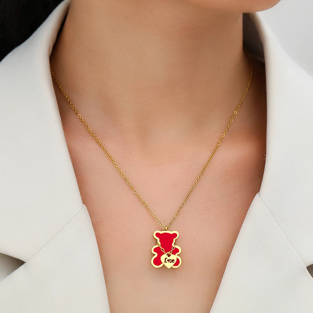 Hemasa Stainless Steel Necklaces Cute Bear Pendants Valentine's Day Choker Chic Necklace For Women Jewelry