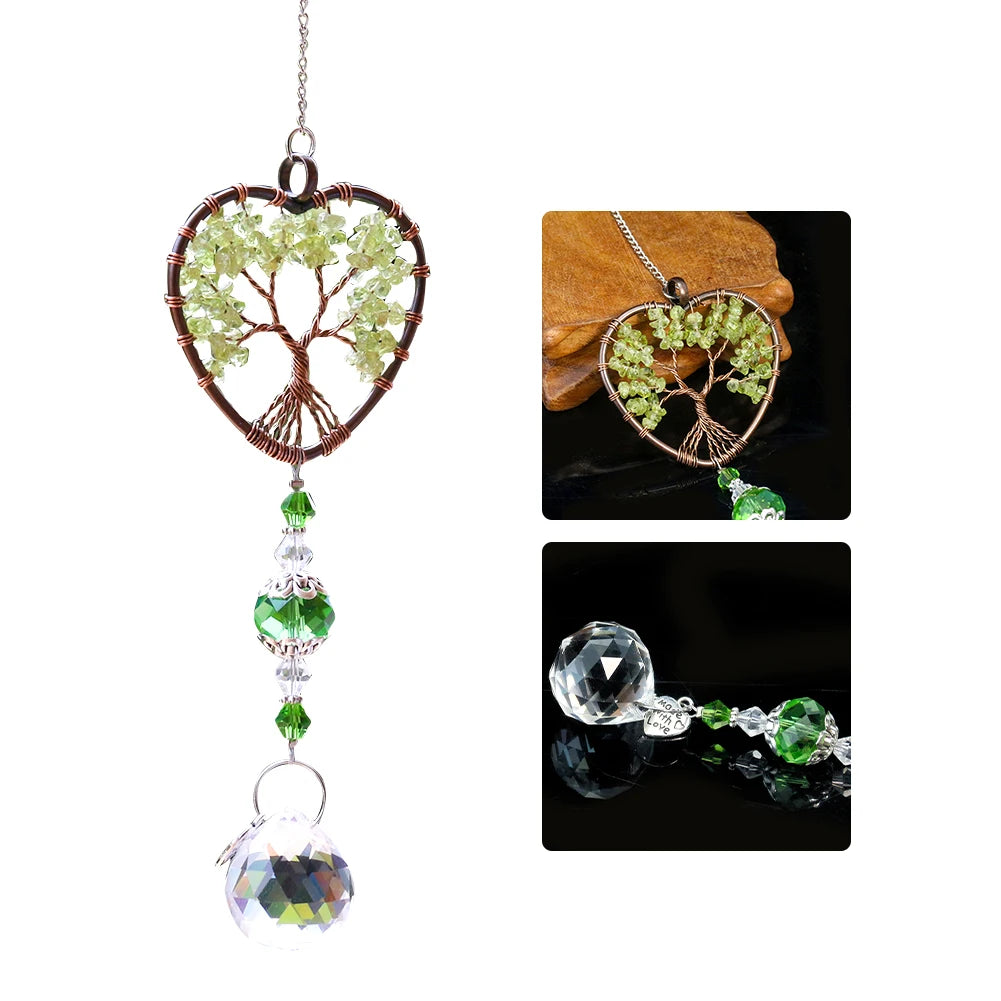 Natural Green Crystal Gemstone Quarz Love Heart Tree of Life Crystal Ball Prism Pendant Suncatcher Yoga Meditation Hanging Decor