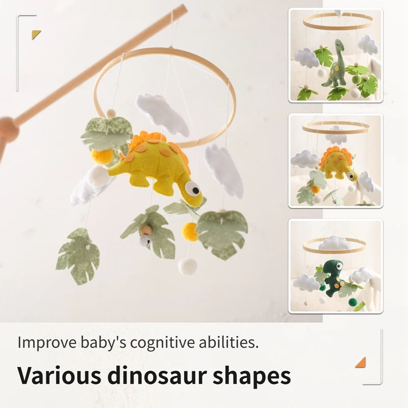 Hemasa Baby Felt Dinosaur Bell Hanging Month Newborn Wooden Mobile Music Rattle Toy Crib Holder Bracket Infant Accessories