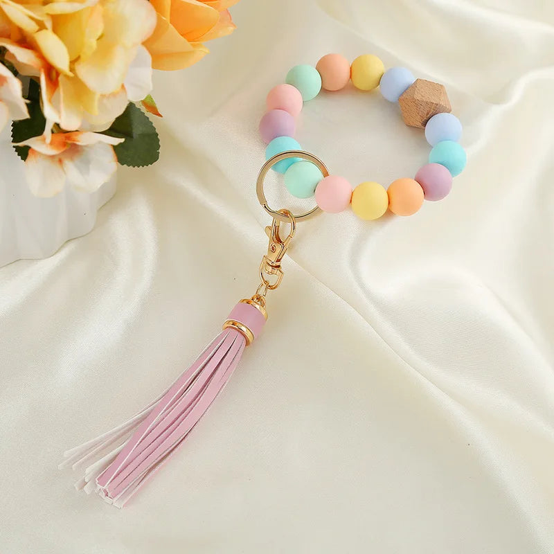 Silicone Keychain For Keys Tassel Wooden Beads Wrist Keyrings Bracelet Fashion Anti-lost Useful Women Men Keychains Wholesale