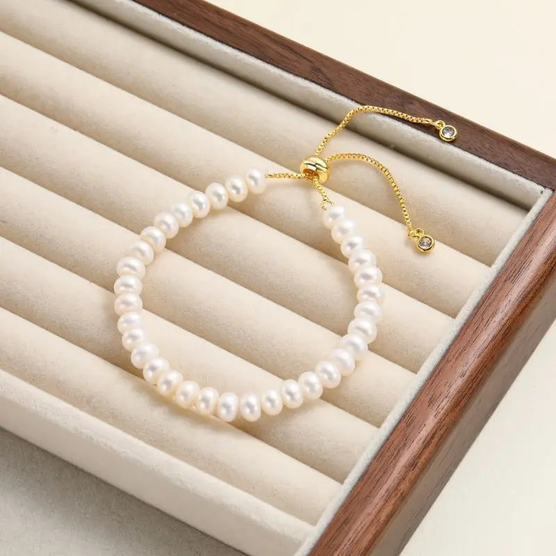 HENGSHENG Copper Chain Natural Freshwater White Pearl Bracelet Bread Bead Trendy Simple Fine Jewelry For Women Girls Gifts Daily