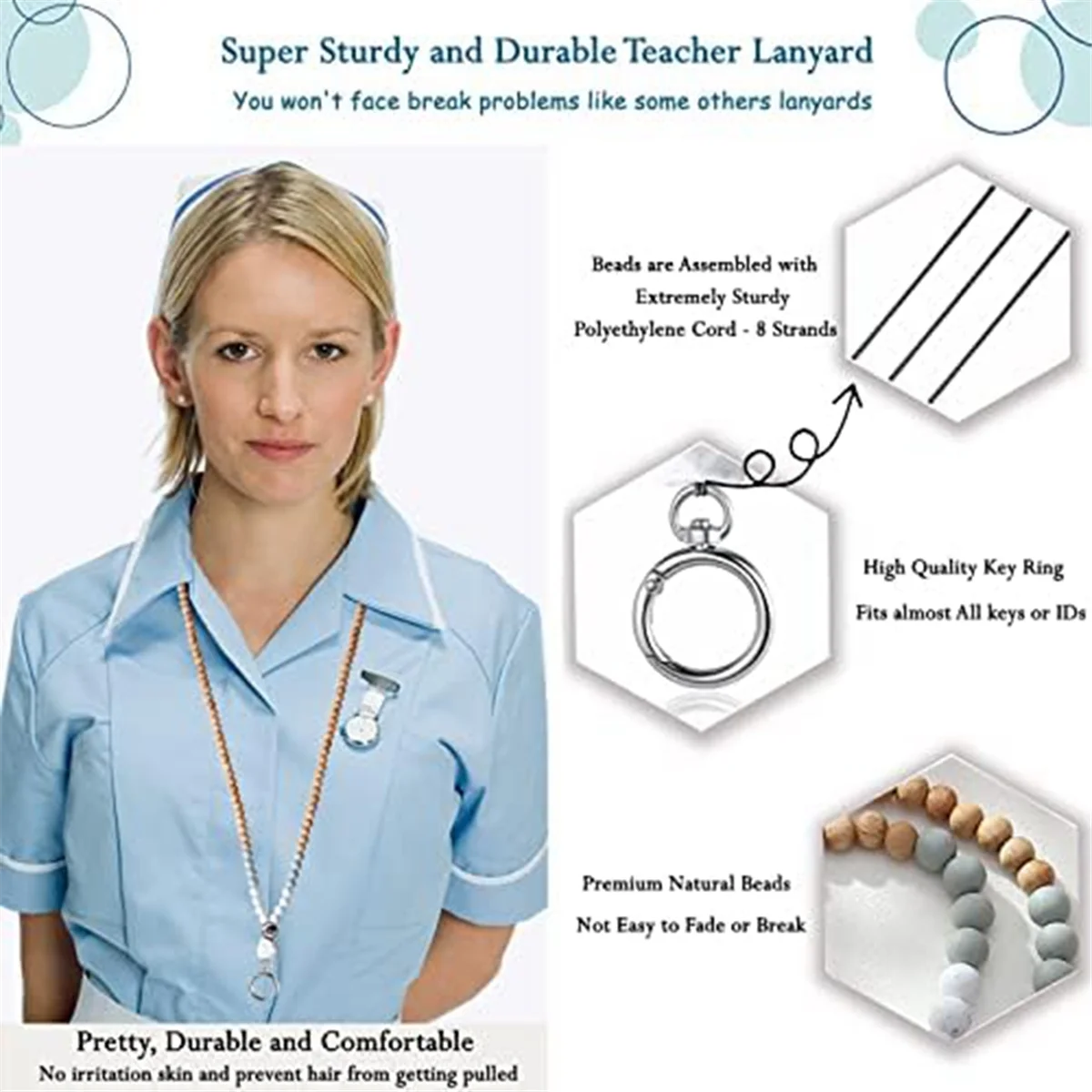 Hemasa ID Badge Key Lanyard Women's Cute Teacher Lanyard / Silicone Wood Bead Lanyard Necklace School Office Work Jewelry