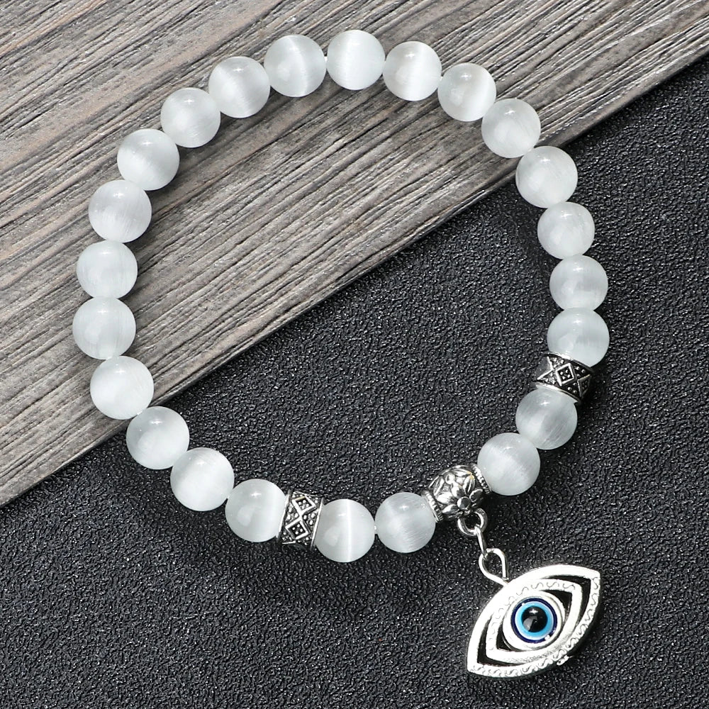 6 8mm Natural Cat Eye Stone Bracelet White Opal Beads Butterfly Hand Of Fatima Women Bracelets & Bangles Lucky Evil Eye Jewelry