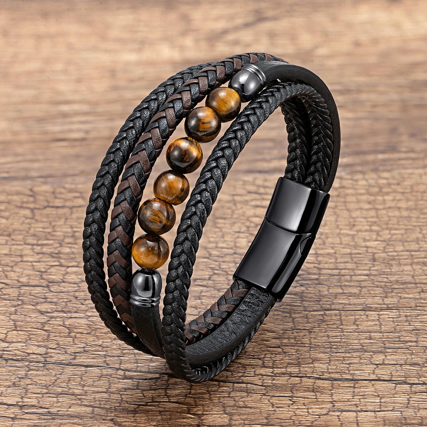 Natural Round Lava Stone Beaded Charm Bracelet Men Multilayer Woven Leather Bracelet Fashion Tiger Eye Jewelry Boyfriend Gift