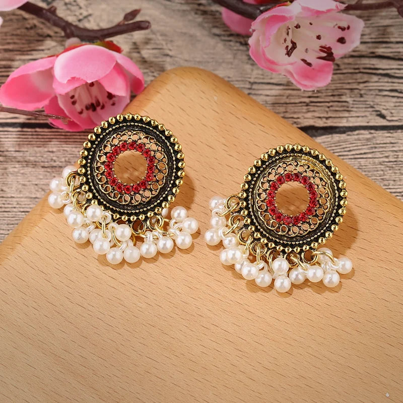 Hemasa Gold Color Alloy Indian Earrings Egypt Jewelry Ethnic Women's Pearls Tassel Round Hollow Jhumka Earring Oorbellen