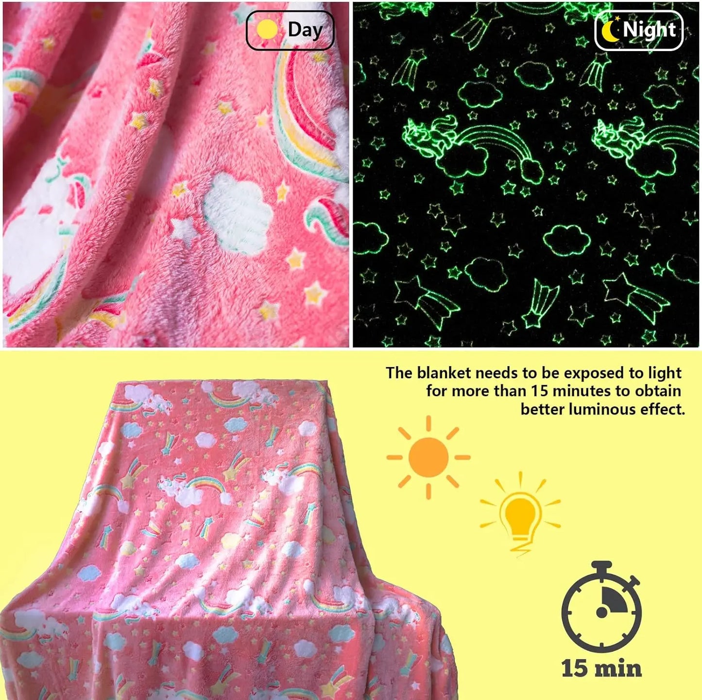 Hemasa Glow in The Dark Rainbow Throw Blanket, Soft Throw Blanket for Girls Boys, Camping Blanket, Gifts for Children Ages 1-10