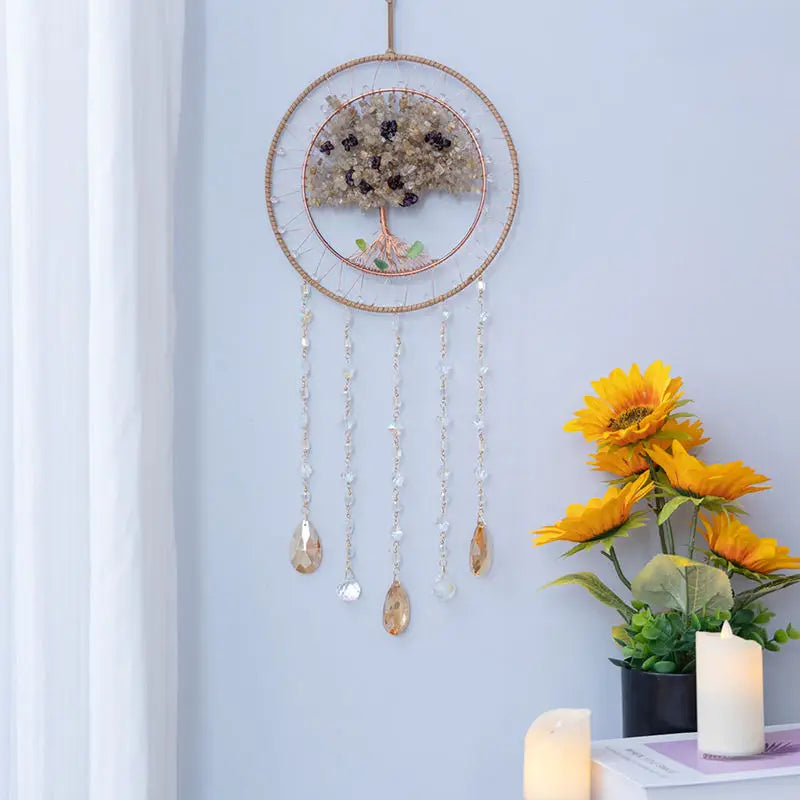 Natural Gems Stone Tree of Life Amethyst Healing Home Decor Crystals Citrine Agate Suncatcher Wall Hanging Ornaments for Room